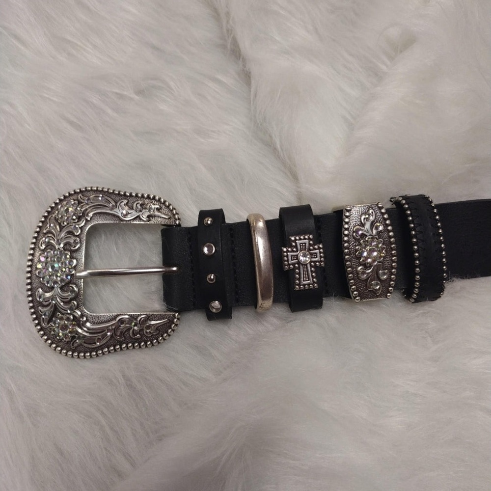 Rhinestone Black Leather Belt - Picture 2 of 6